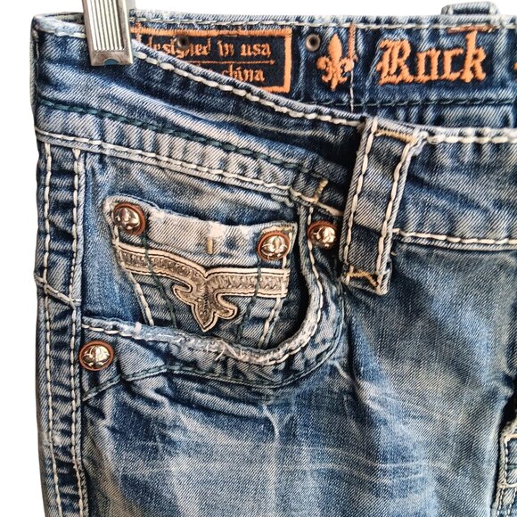 sz 30 Rock Revival Distressed Denim Jeans Feeney Boot Bootcut Trashed - Picture 7 of 12